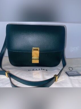 Authentic Dark Green Celine Box Bag with Gold Hardware and COA